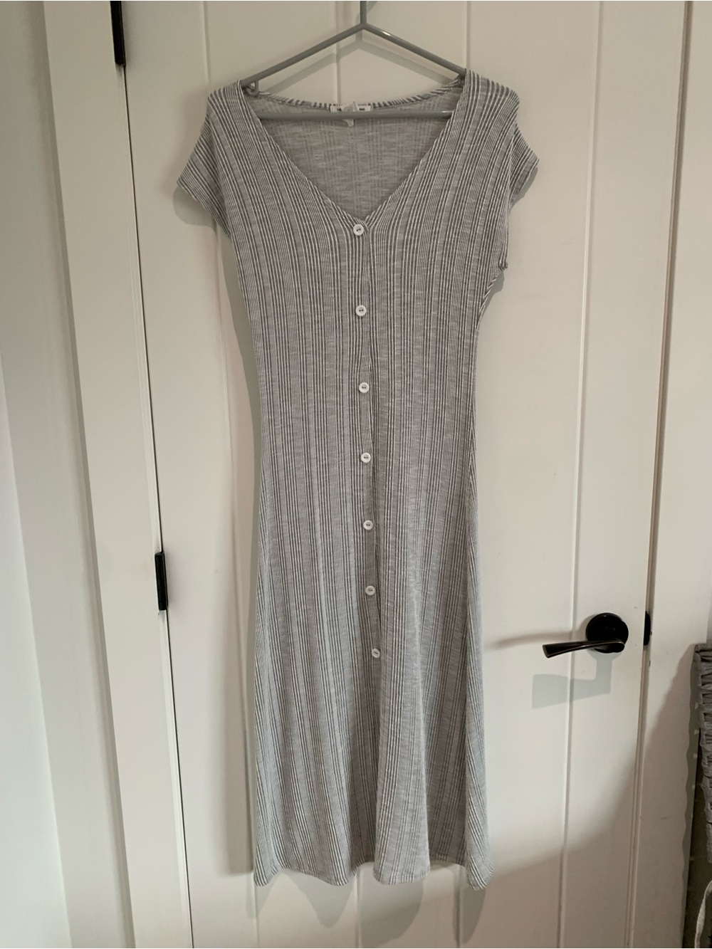Caution To The Wind Grey Ribbed Button-Front Midi Dress